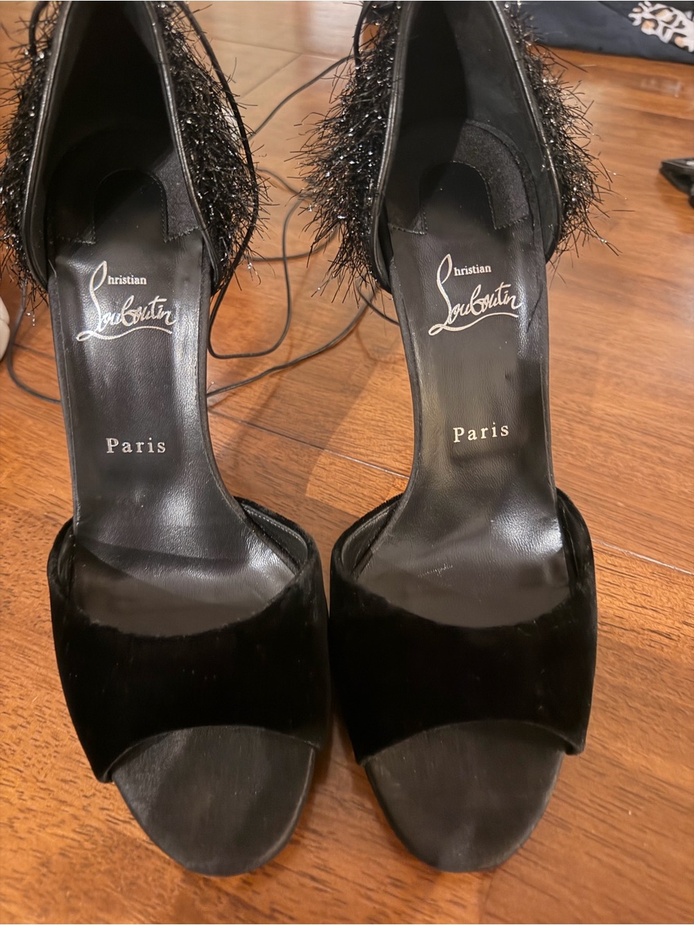 Christian Louboutin Black Feather-Trim Lace-Up Stiletto with Red Sole